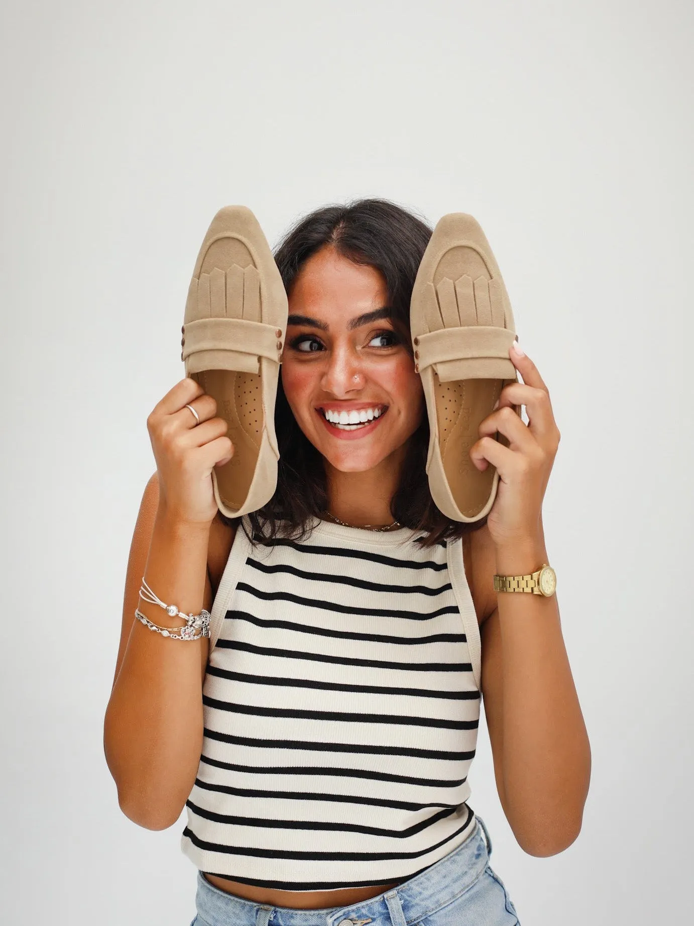 Beige Fringed Square Toe Loafers