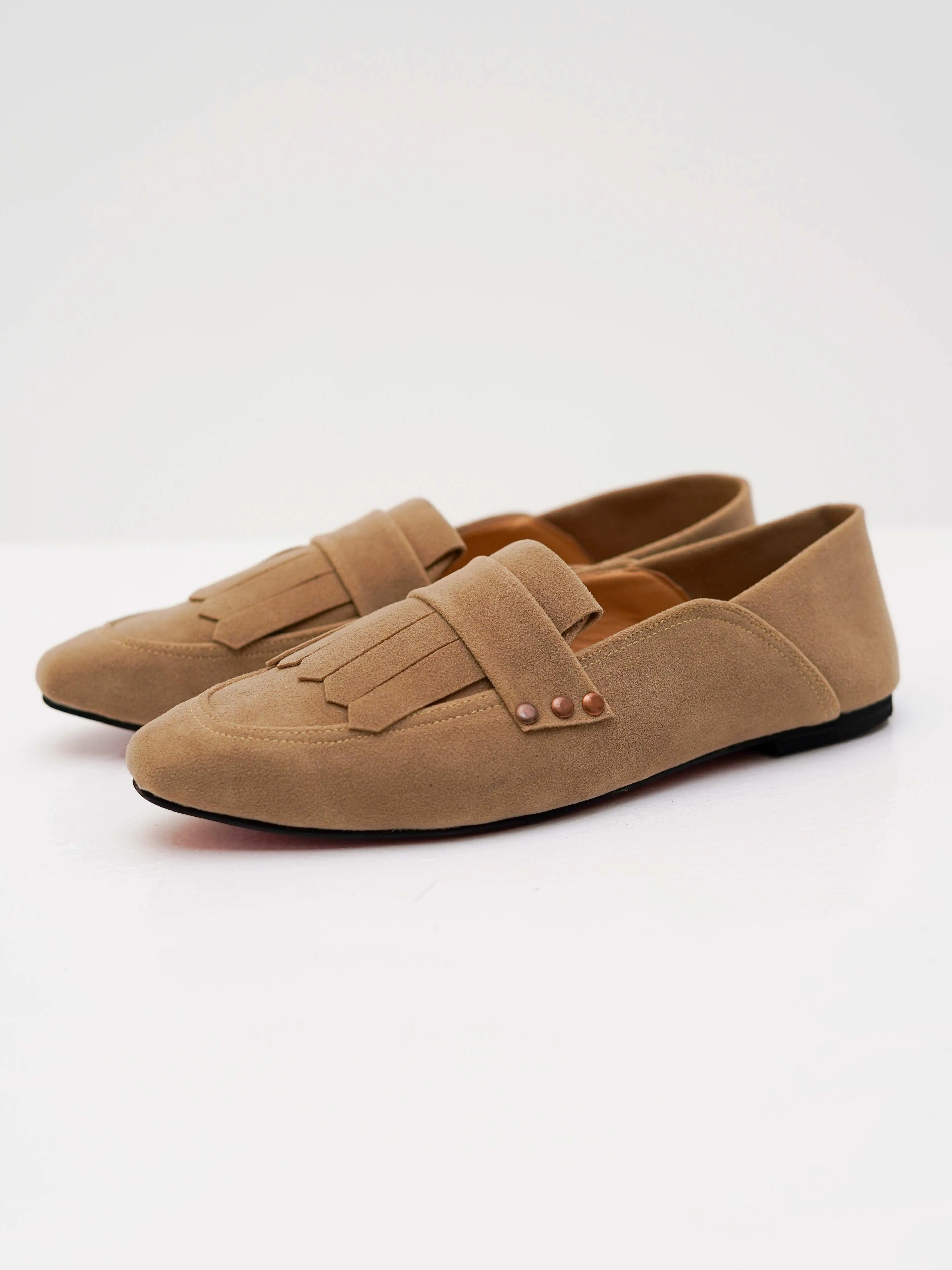 Beige Fringed Square Toe Loafers