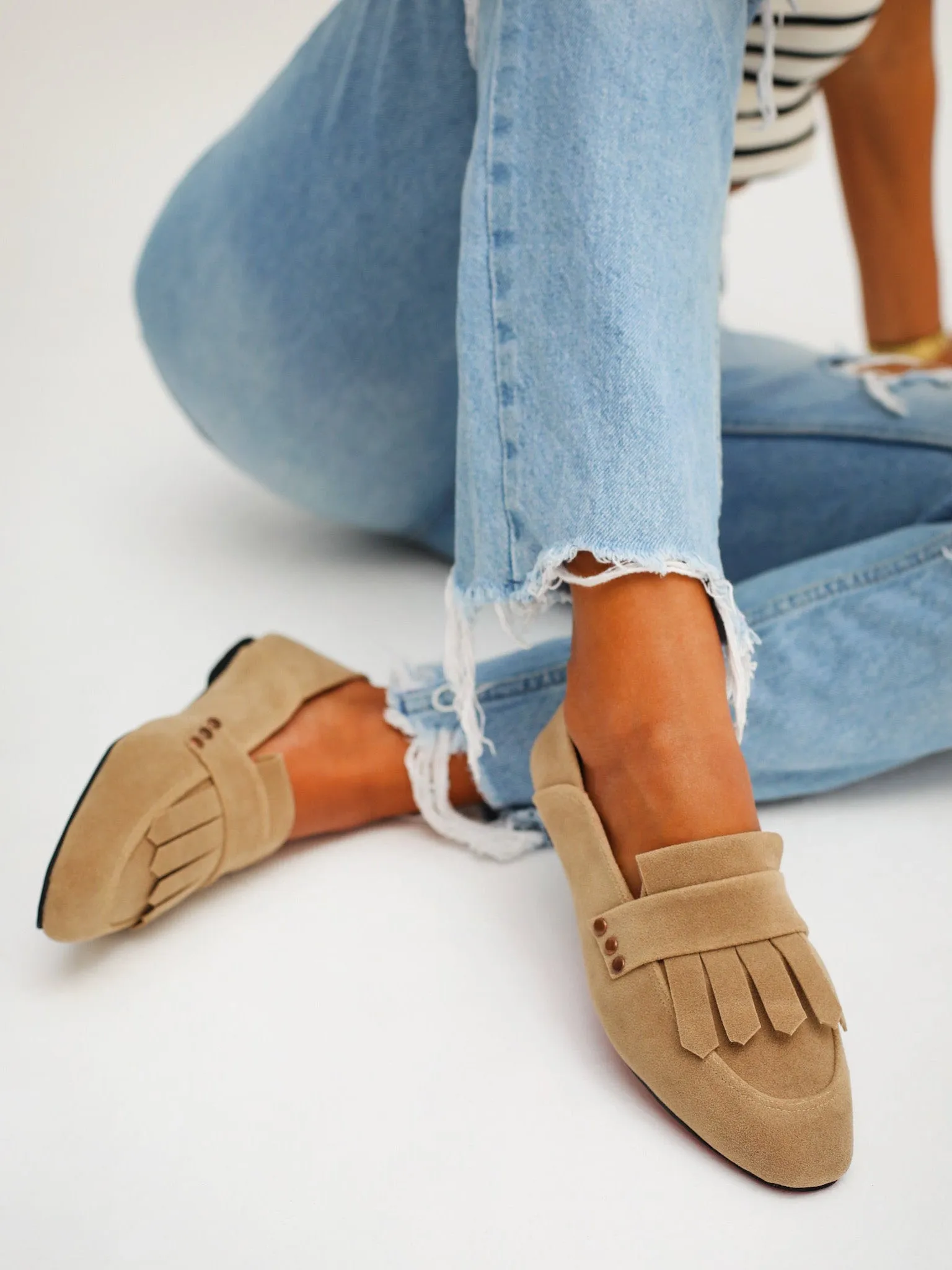 Beige Fringed Square Toe Loafers