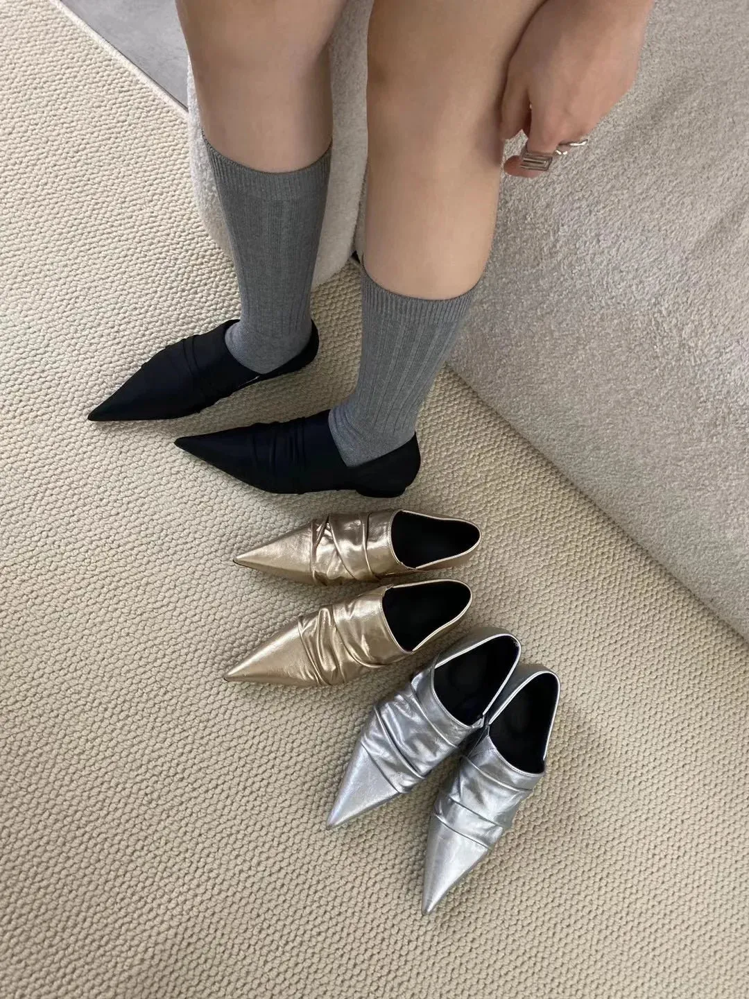 binfenxie  -  Fashion Women Pointed Toe Flats Loafers Black Silver Gold Slip On Party Pumps Casual Outside Mules Dance Shoes Mary Janes 35-39