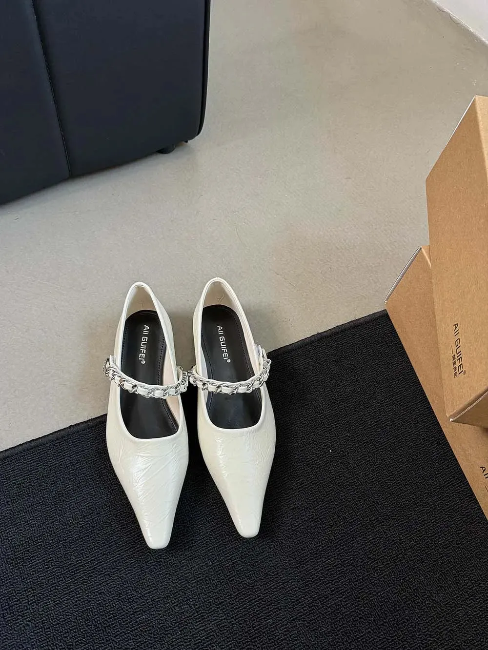binfenxie  -  Pointed Toe Women Loafers 2024 New Arrivals Casual Mules Metal Chain Low Flat Heeled Black Silver Brown White Loafers Size 35-40