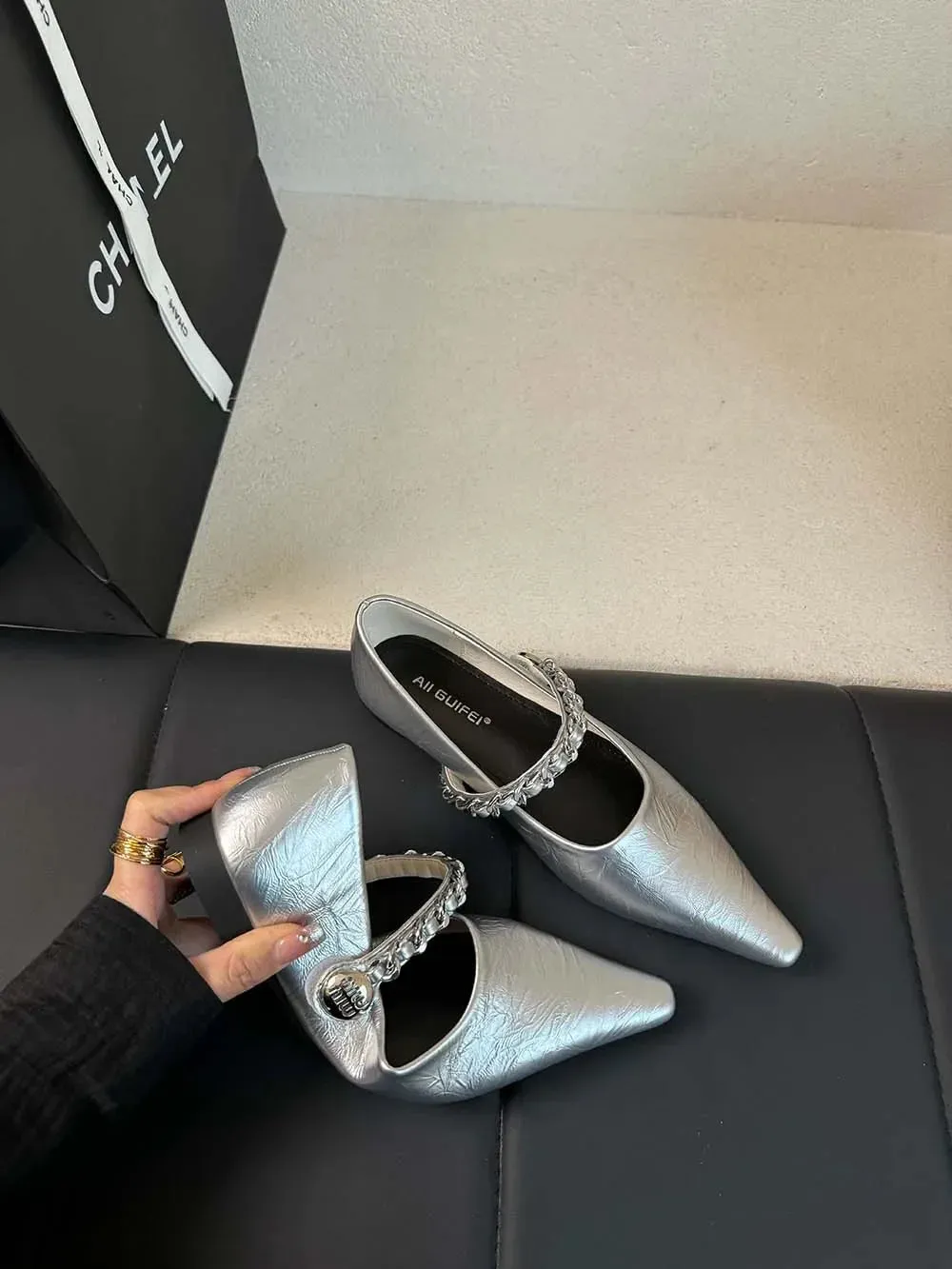 binfenxie  -  Pointed Toe Women Loafers 2024 New Arrivals Casual Mules Metal Chain Low Flat Heeled Black Silver Brown White Loafers Size 35-40