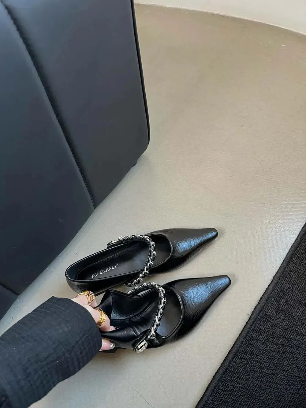 binfenxie  -  Pointed Toe Women Loafers 2024 New Arrivals Casual Mules Metal Chain Low Flat Heeled Black Silver Brown White Loafers Size 35-40