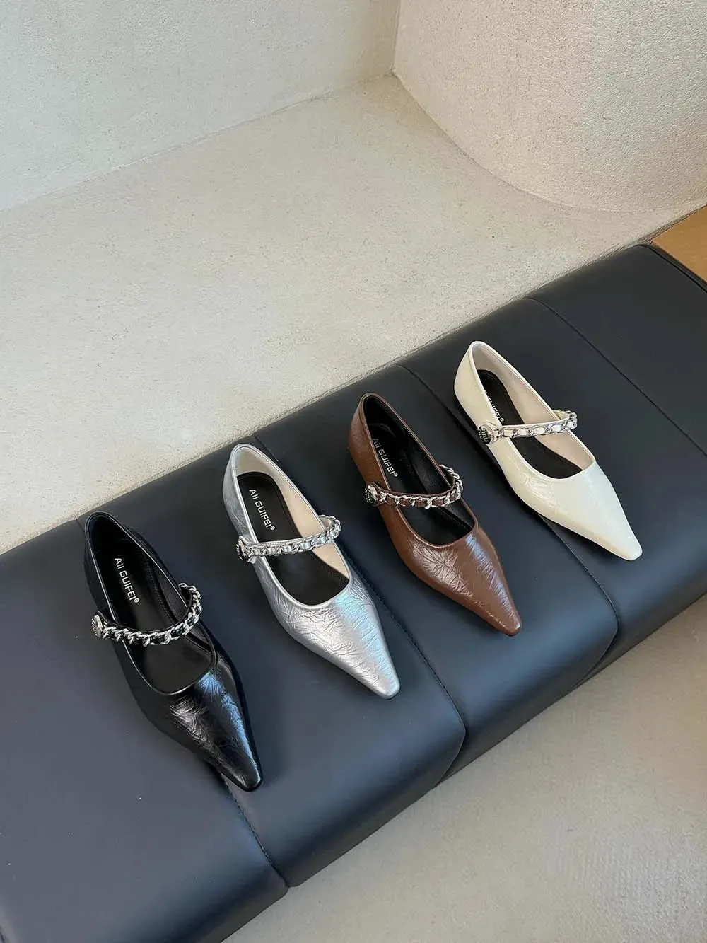 binfenxie  -  Pointed Toe Women Loafers 2024 New Arrivals Casual Mules Metal Chain Low Flat Heeled Black Silver Brown White Loafers Size 35-40