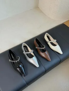 binfenxie  -  Pointed Toe Women Loafers 2024 New Arrivals Casual Mules Metal Chain Low Flat Heeled Black Silver Brown White Loafers Size 35-40