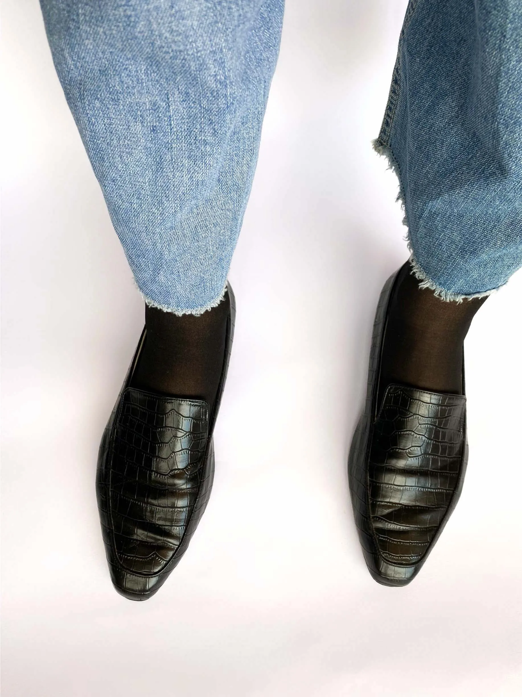 Black Croco Power Square Toe Loafers