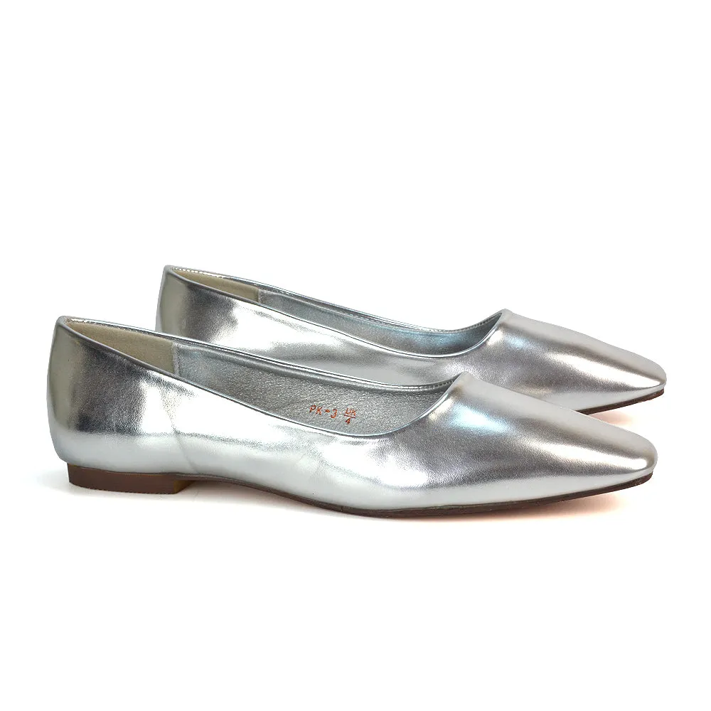 Maci Square Toe Slip on Flat Heel Ballerina Pumps in Silver Metallic