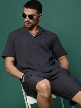 Men Charcoal Cuban Collar Solid Co Ords Set