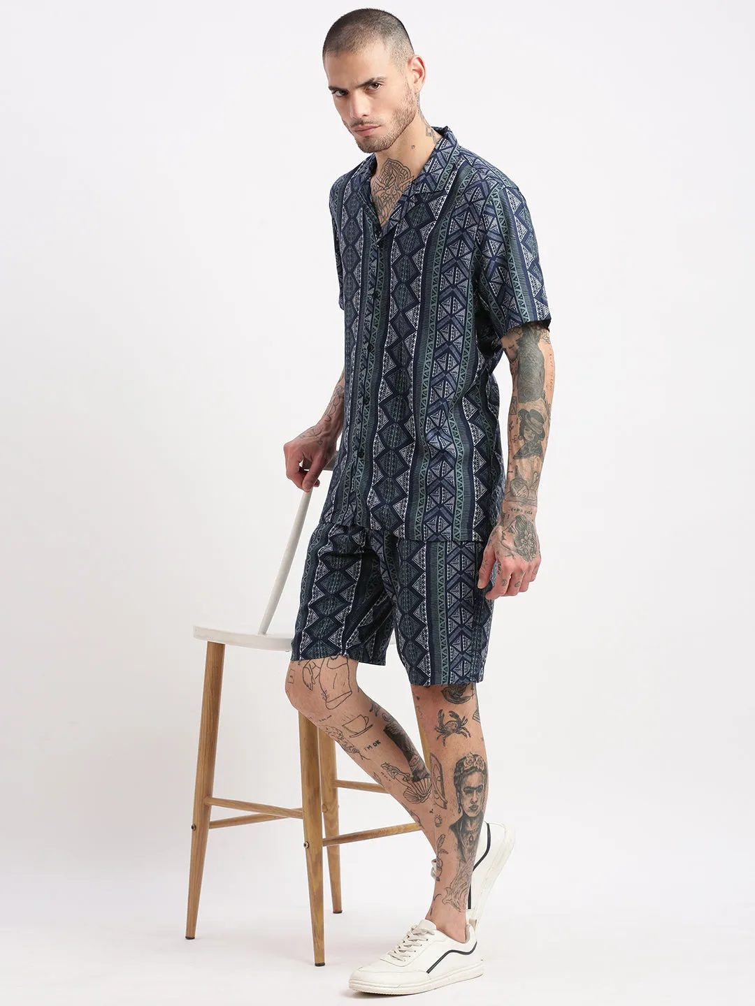 Men Geometric Print Cuban Collar Navy Blue Co-Ords Set