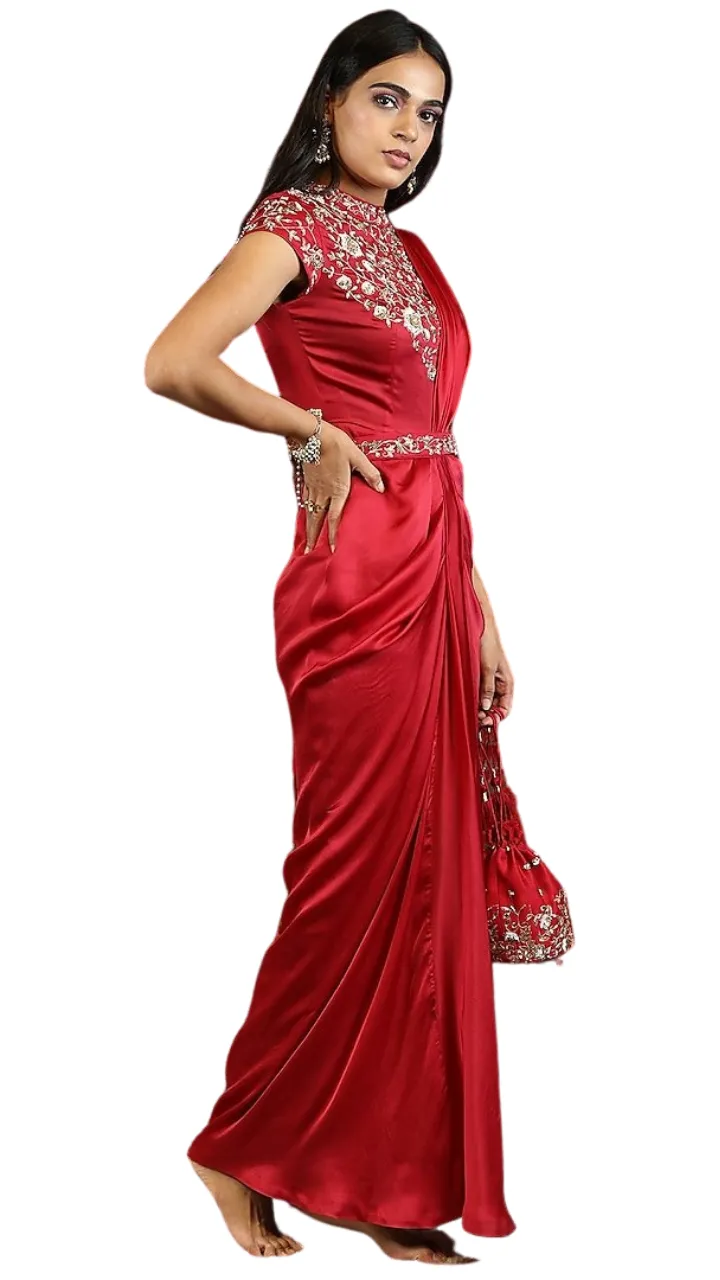 Ruby Red Floral Embellished Pre-Stitched Sari Gown