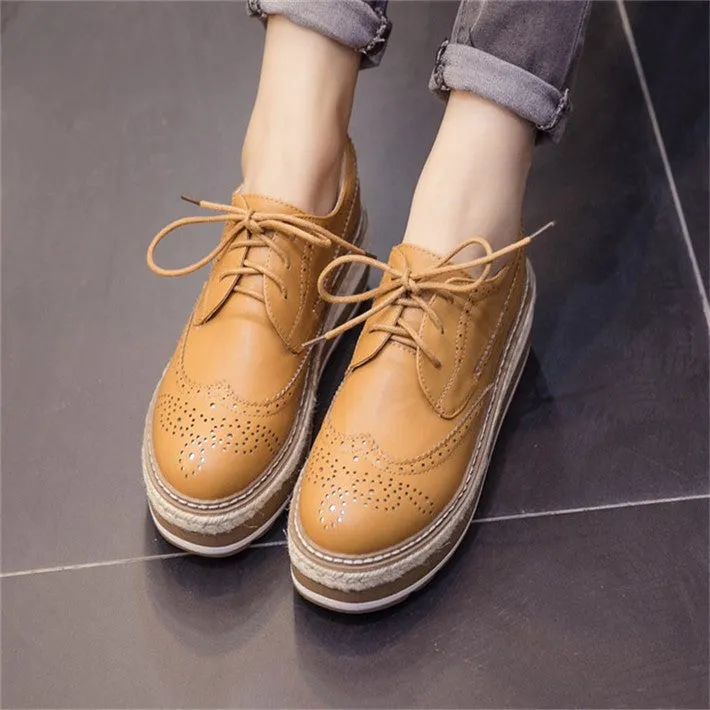 Vintage Women's Thick Bottom Top PU Leather Brogue Shoes
