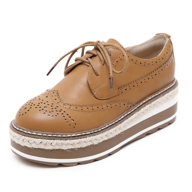 Vintage Women's Thick Bottom Top PU Leather Brogue Shoes