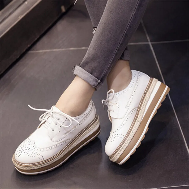 Vintage Women's Thick Bottom Top PU Leather Brogue Shoes
