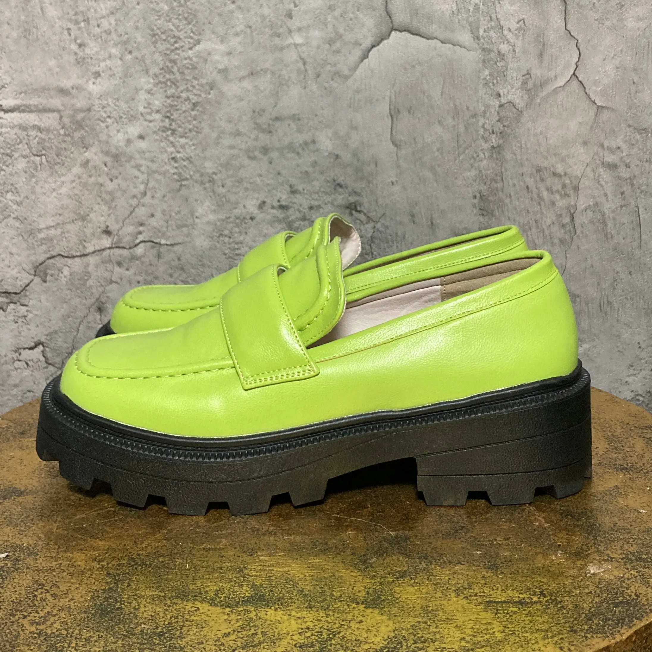 yellow green platform loafers square toe